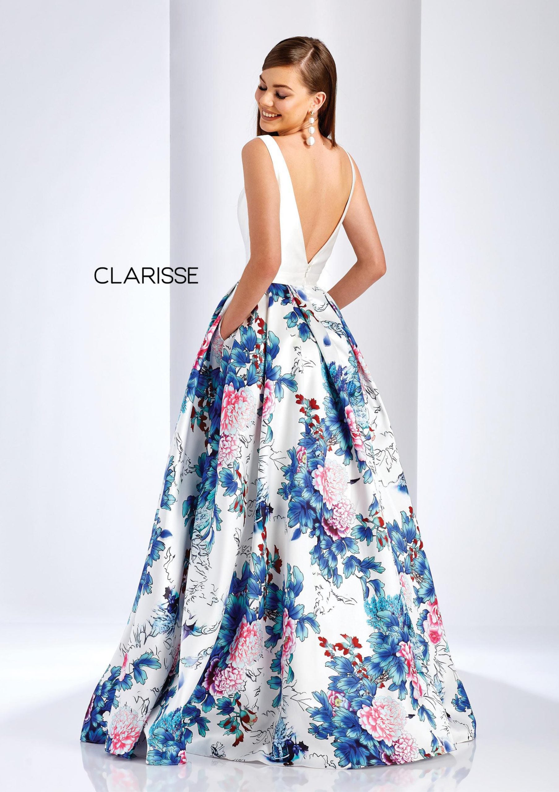 3538 Floral Print Mikado Ball Gown with Plunging Neckline, Style 3538 ...